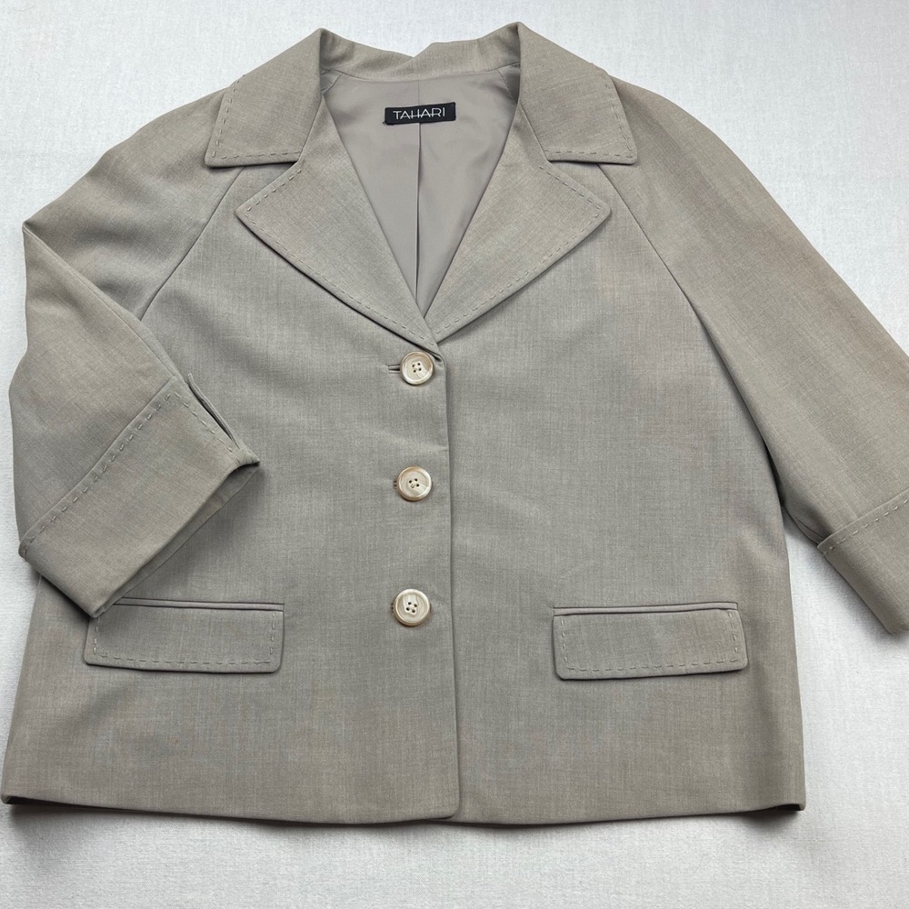 Tahari Womens Taupe Gray Pick Stitch Blazer Jacket 3/4 Sleeve Size 8 M8KD4107